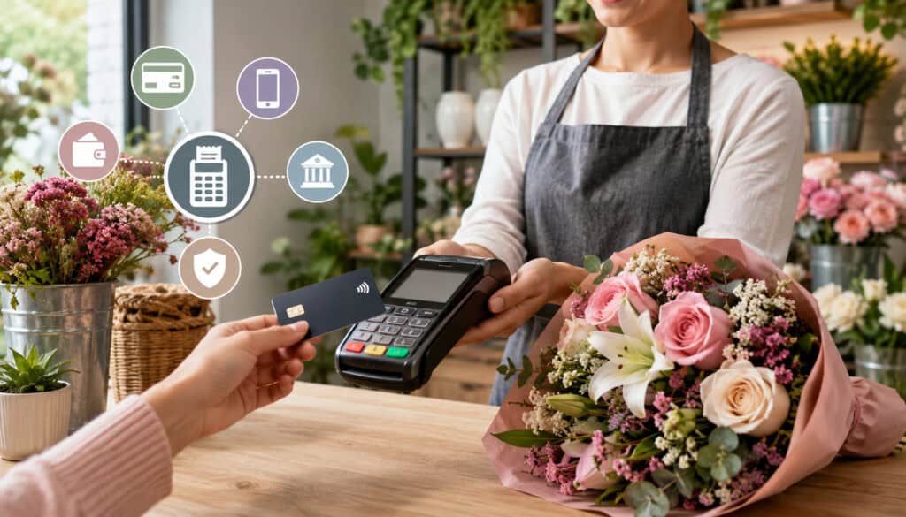 Florist using contactless payment terminal in flower shop