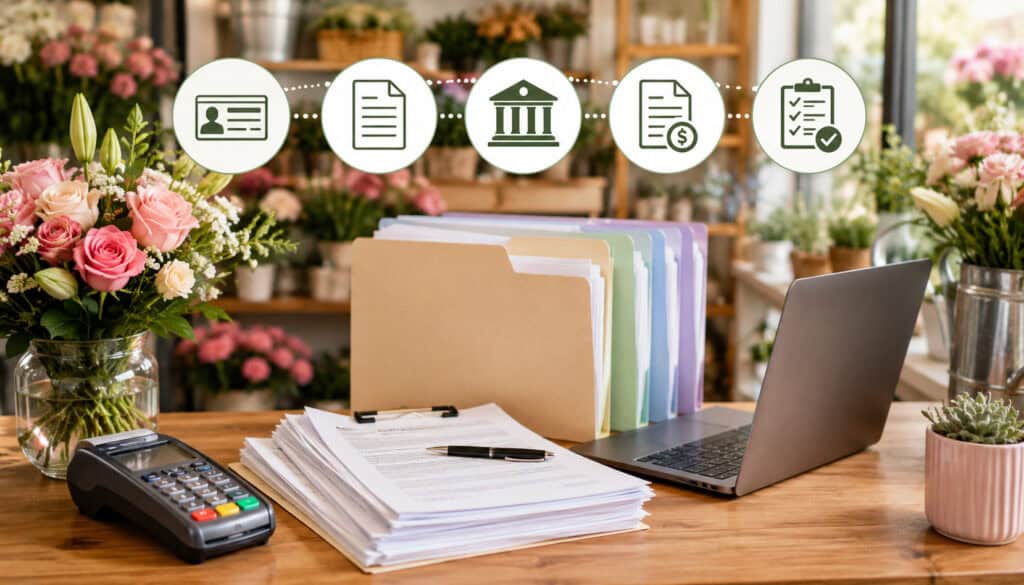 Florist payment application documents and POS setup inside flower shop