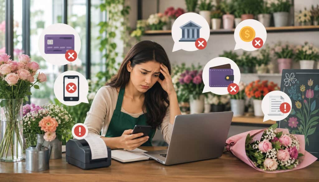 Flower shop owner facing payment processing mistakes