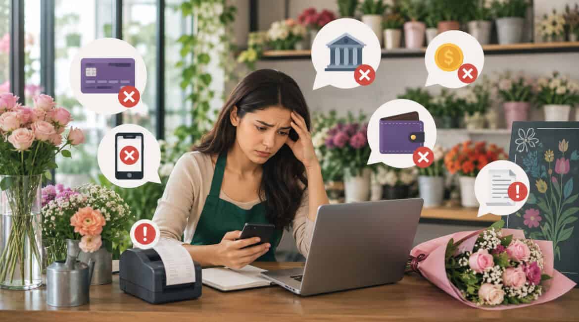 Flower shop owner facing payment processing mistakes