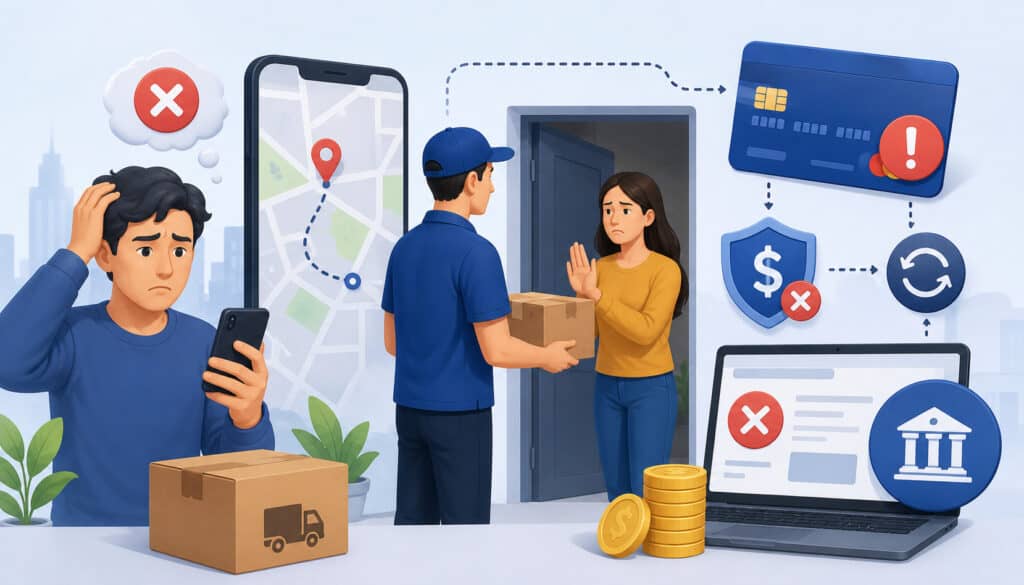 Delivery payment dispute with chargeback and failed transaction icons