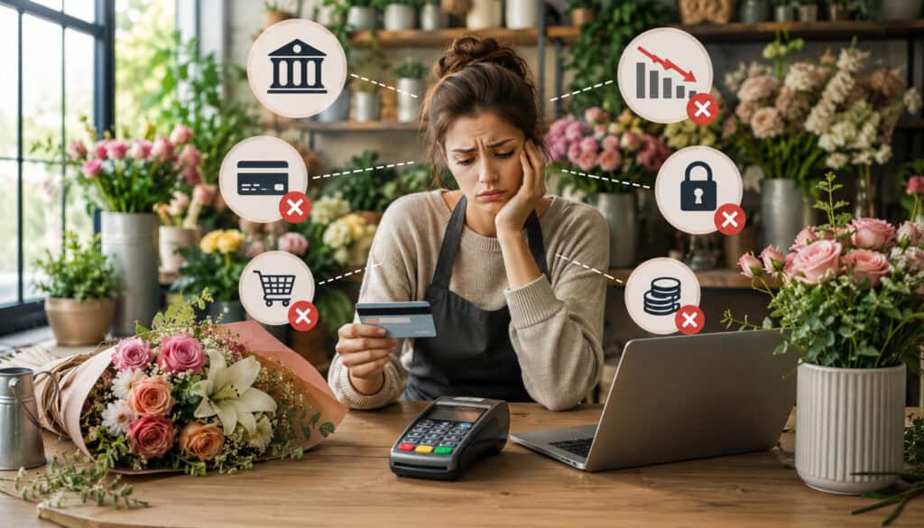 Florist handling payment processing challenges in flower shop