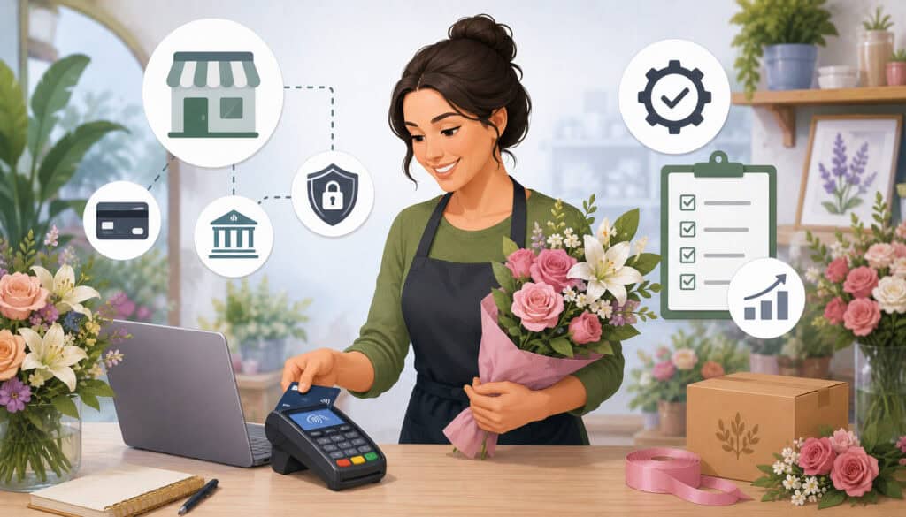 Florist using a payment terminal in a flower shop with merchant service icons