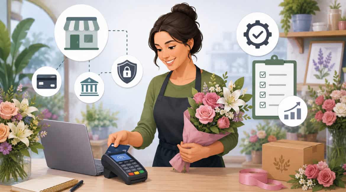 Florist using a payment terminal in a flower shop with merchant service icons