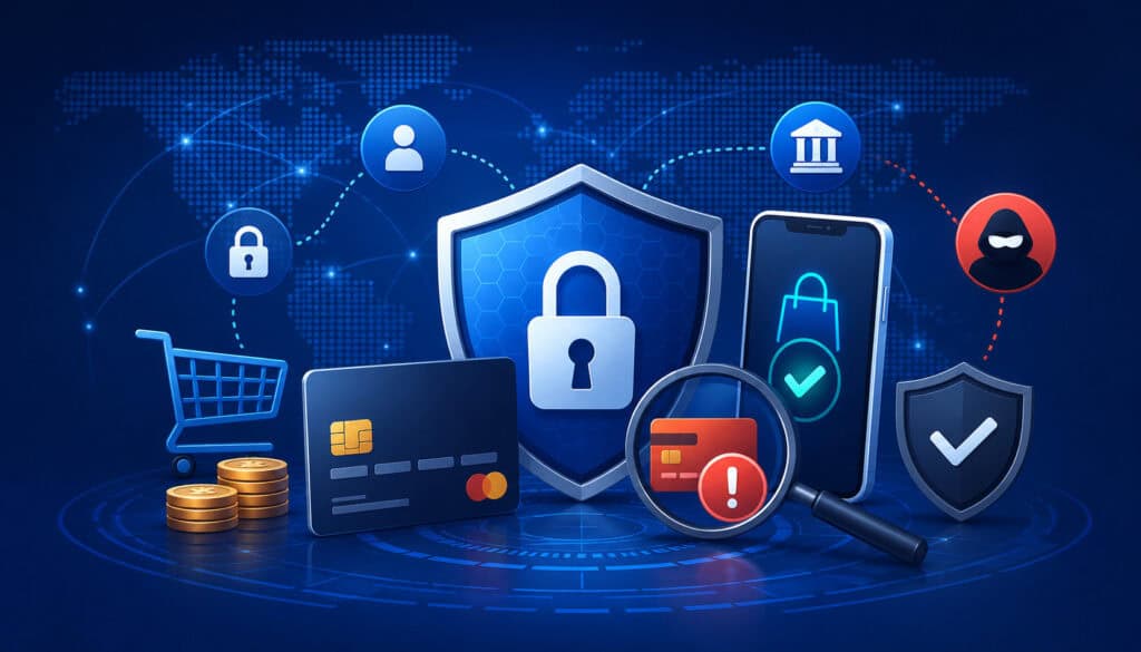 Payment fraud prevention and secure online transaction illustration