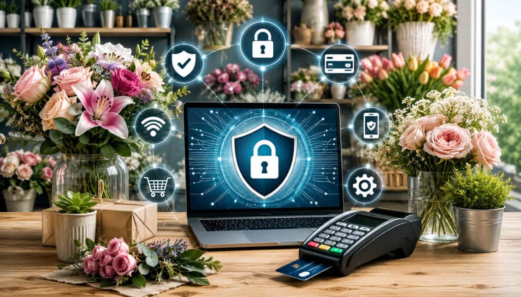 Floral shop payment security illustration with POS terminal and cybersecurity icons