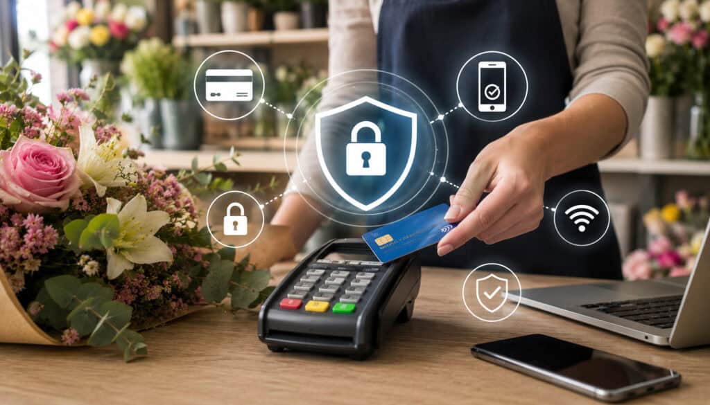 Secure florist payment processing with POS terminal and flowers