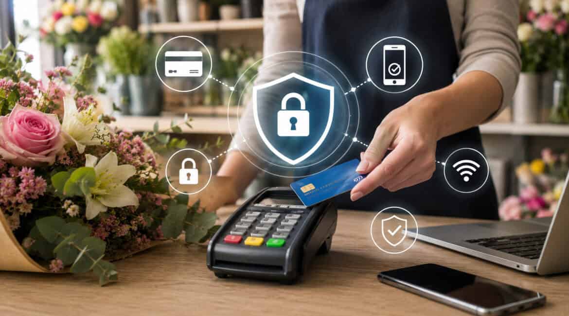 Secure florist payment processing with POS terminal and flowers