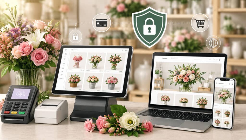 Secure florist POS and ecommerce system with flowers and online payment devices