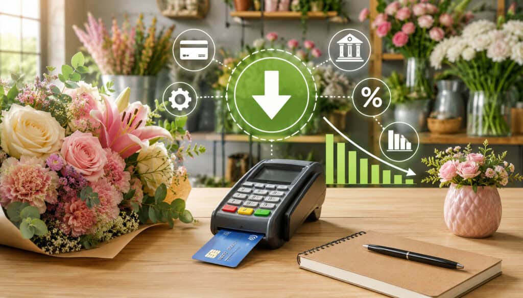 Florist POS terminal with flowers and payment icons