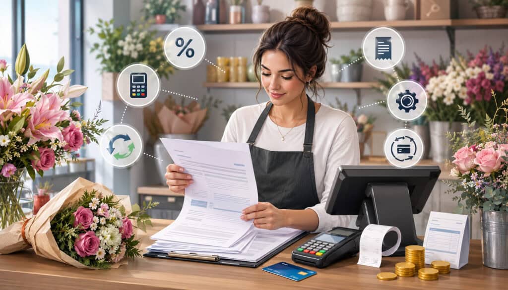 Florist reviewing merchant service fees at checkout