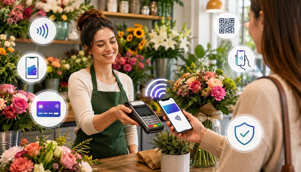 Florist accepting mobile wallet payment in flower shop