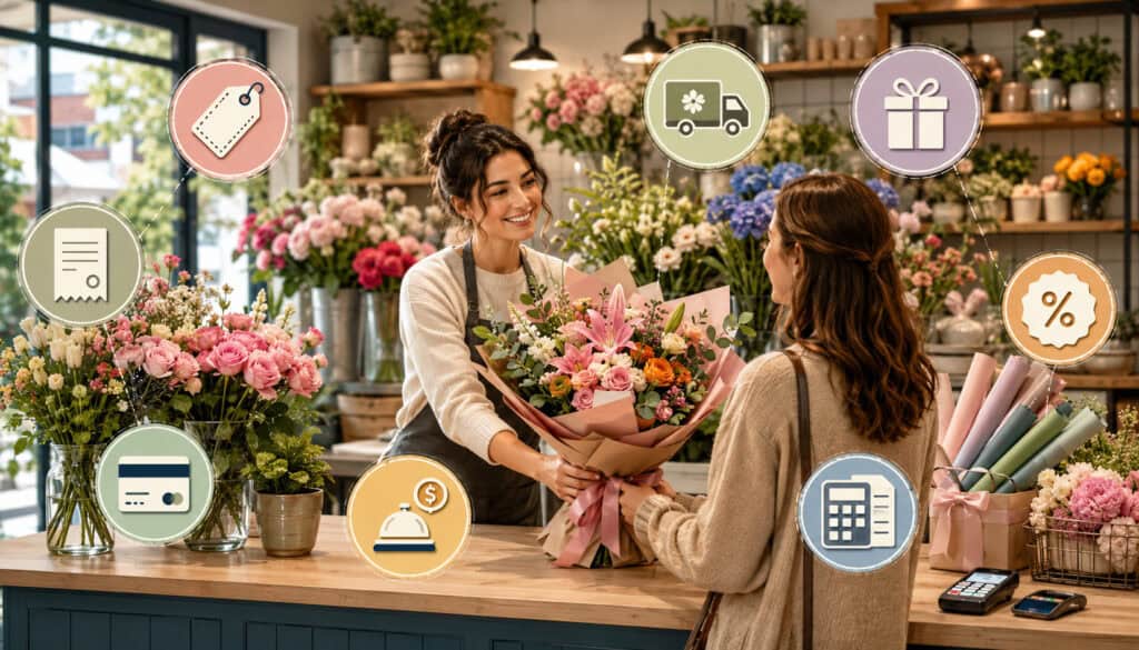 Flower shop pricing components explained with floral service icons