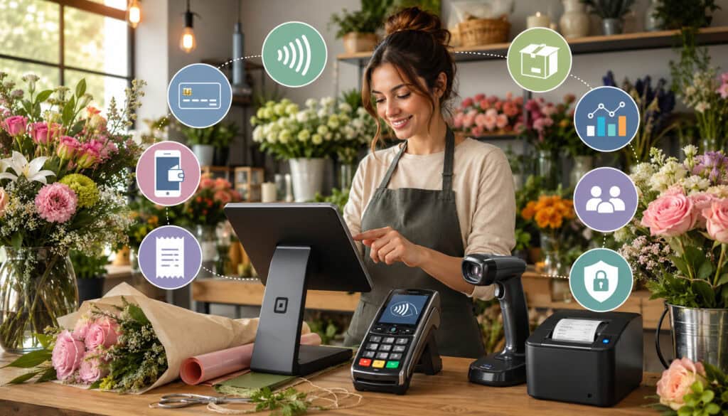 Florist using POS system with payment feature icons