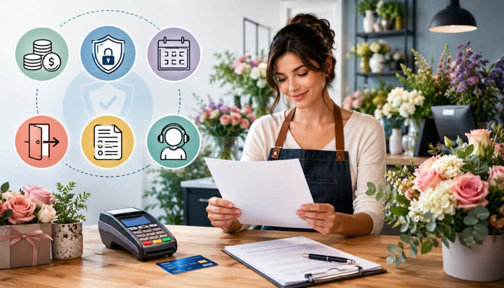 Florist reviewing merchant service contract terms with payment icons