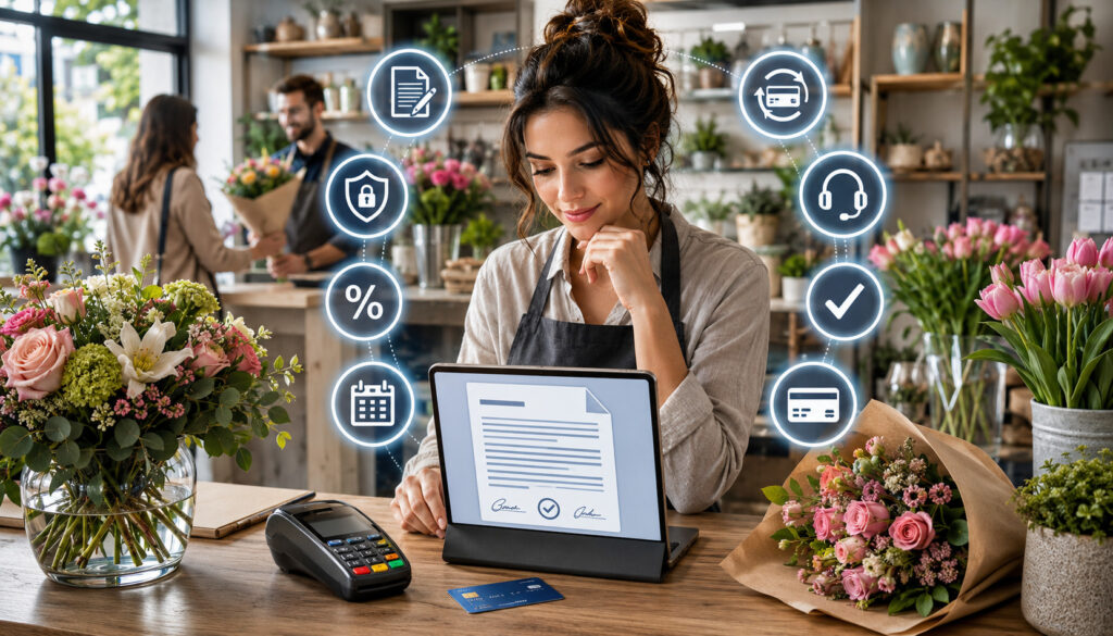 Florist reviewing merchant service contract