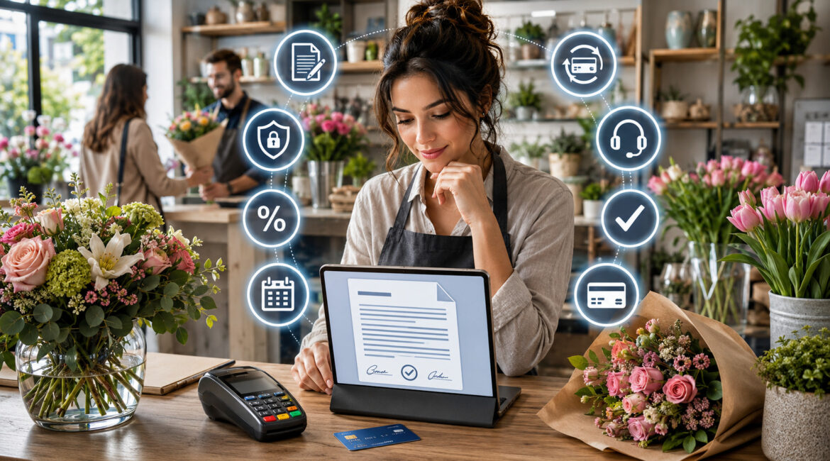 Florist reviewing merchant service contract