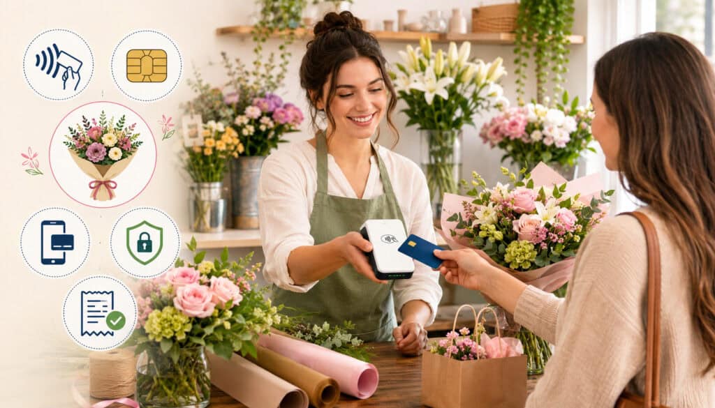Florist using mobile credit card reader for bouquet payment