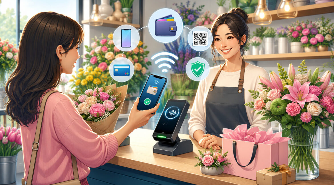 Mobile wallet payment at flower shop checkout