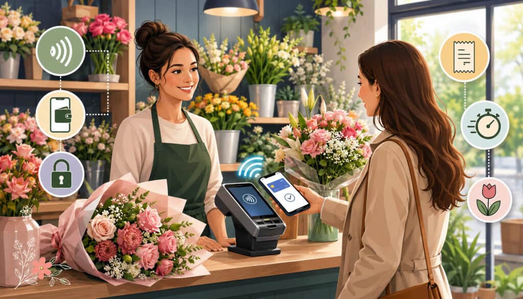Florist accepting mobile wallet payment at checkout