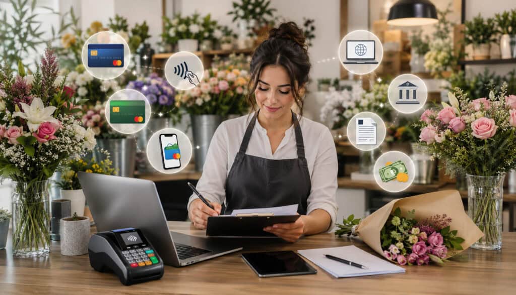 Florist reviewing payment contract options