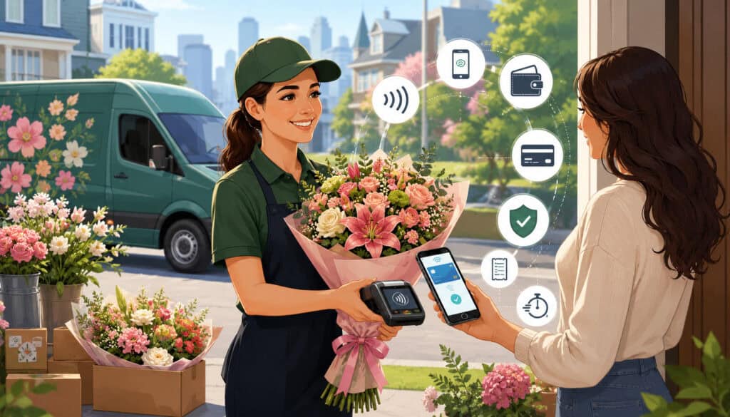 Flower delivery mobile payment illustration