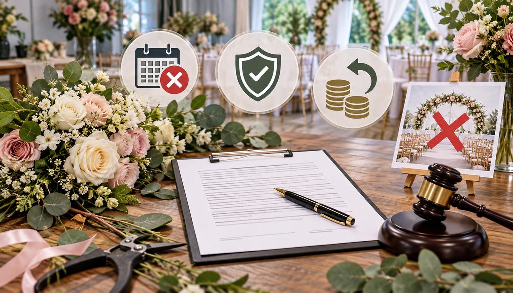 Florist event cancellation contract with flowers, refund icons, and gavel