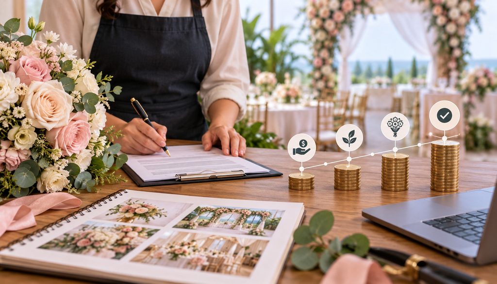 Florist signing an event contract with milestone payment schedule