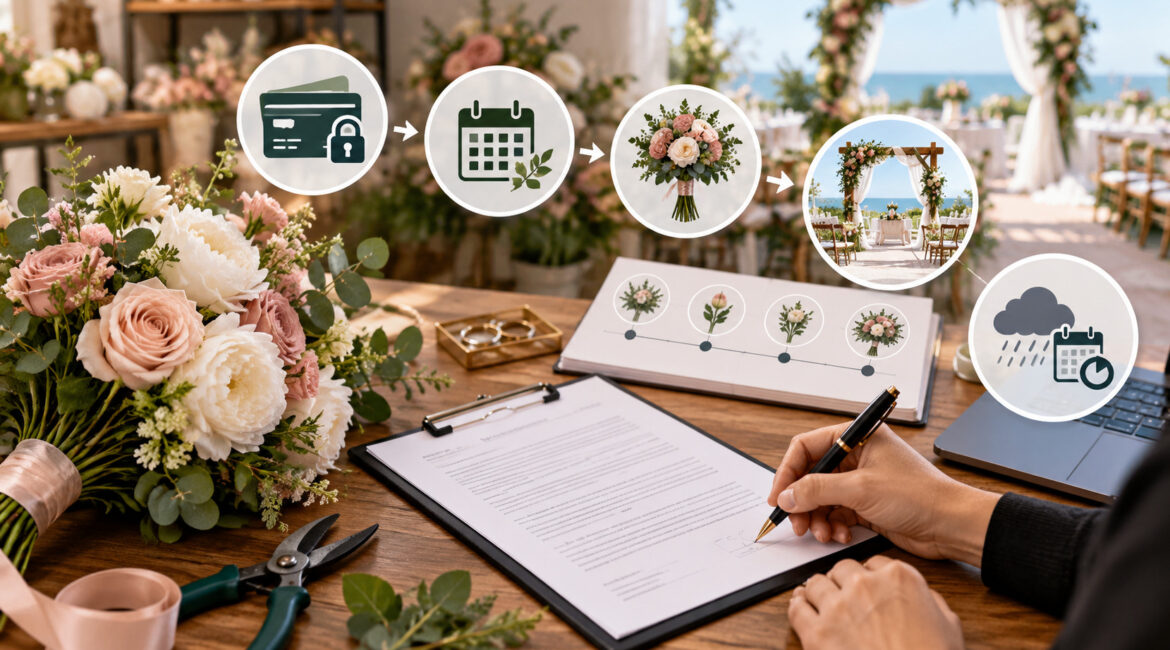 Wedding florist contract with deposit and payment milestone icons