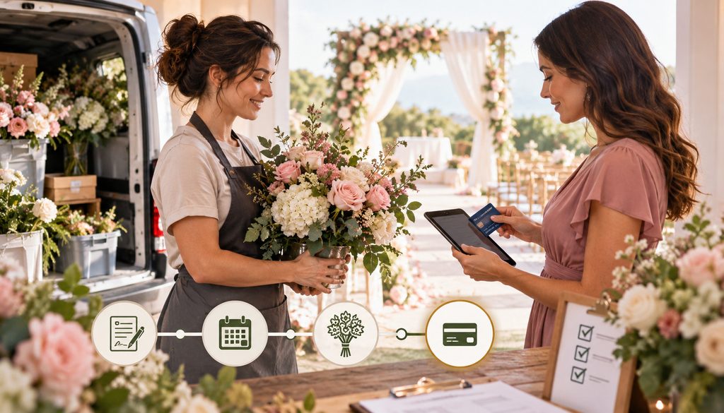 Florist collecting final payment before wedding flower delivery