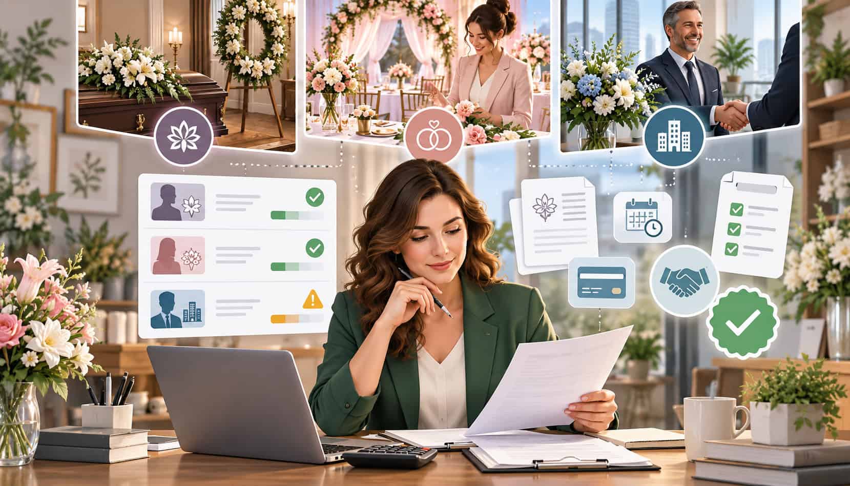 Florist reviewing credit eligibility for funeral homes, event planners, and corporate clients